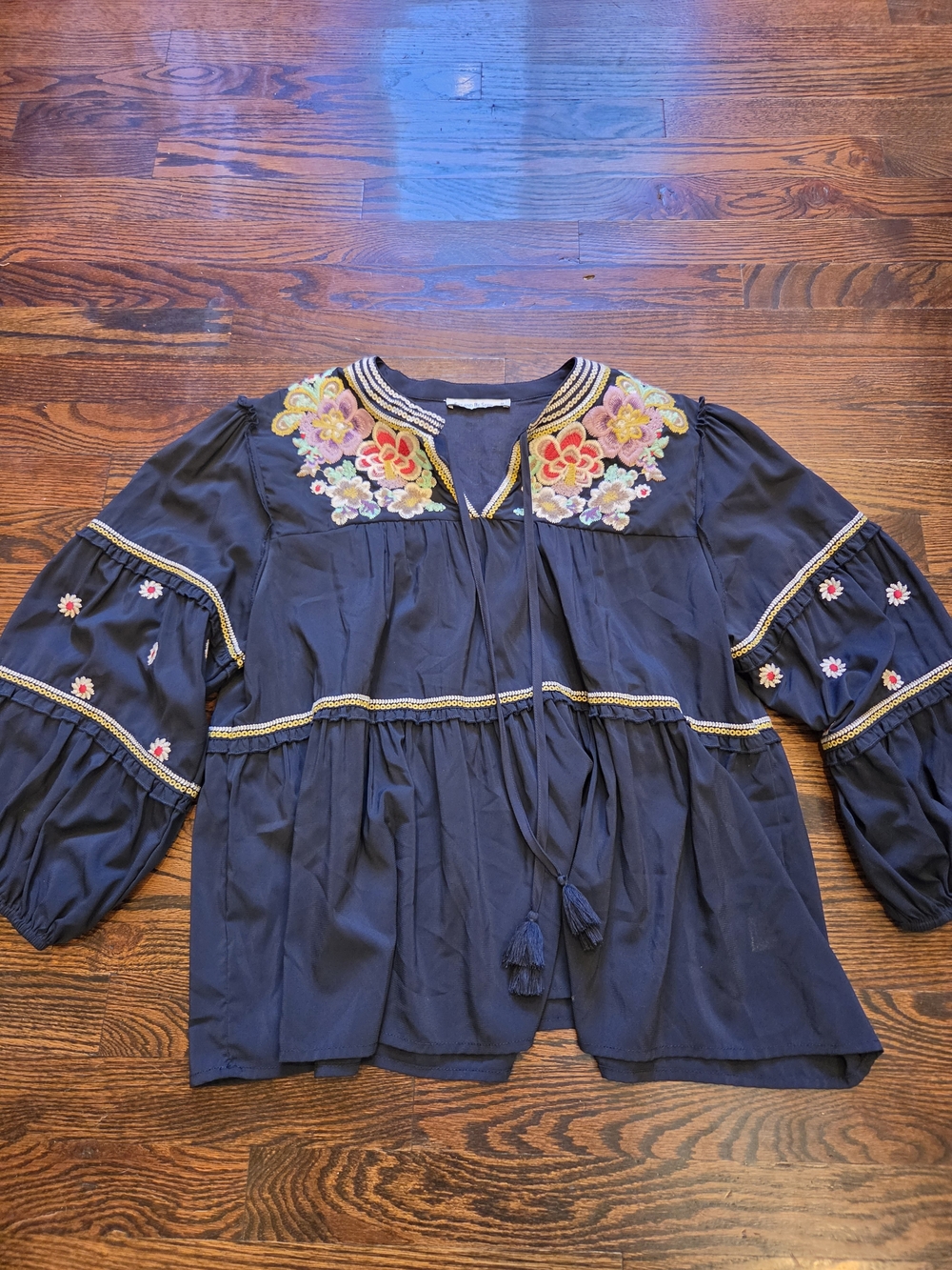 Navy Embroidered Peasant Top with Floral Yoke Size M
